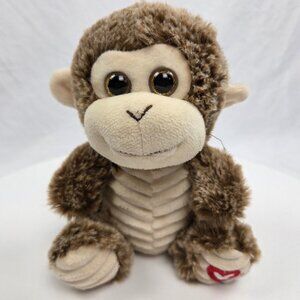 KELLYTOY MONKEY CHIMP PLUSH  HEART FOOT SPARKLE EYES BROWN STUFFED ANIMAL 6”